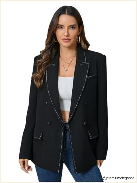 Jackets & Blazers - Women's Double-Breasted Blazer Suit Jacket Oversized Viscose Blend Work Office